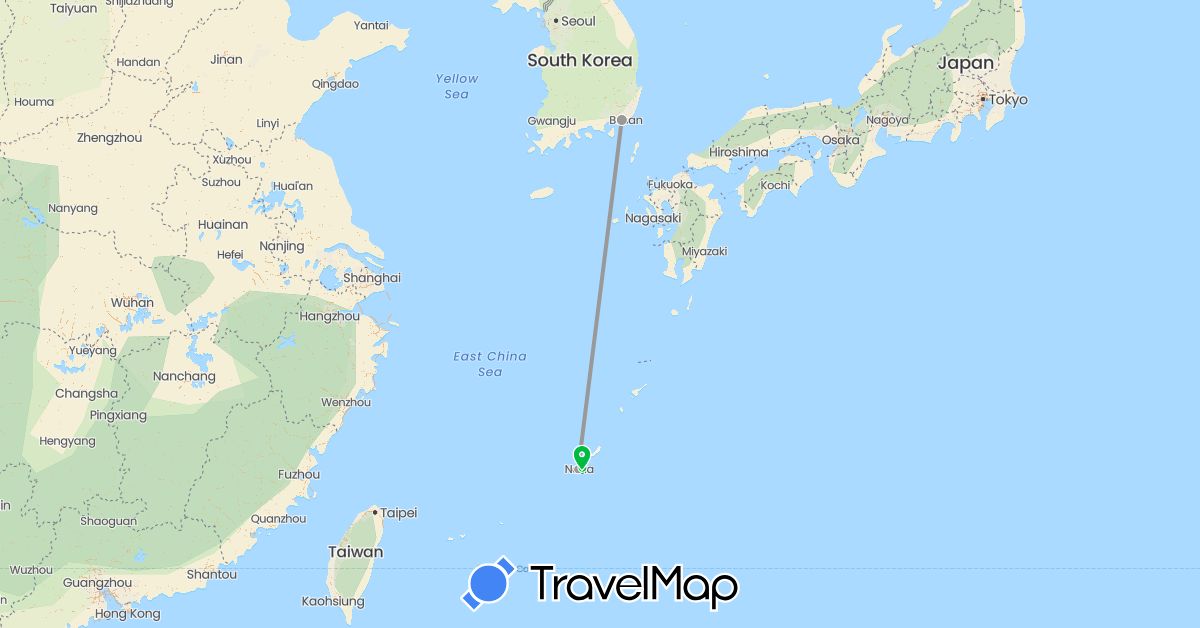 TravelMap itinerary: driving, bus, plane in Japan, South Korea (Asia)